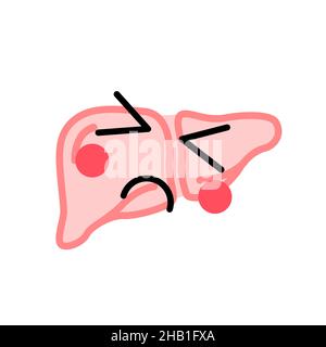 Menschliche Leber mit niedlichem Gesicht in kranken, traurigen und schmerzhaften Grimasse, medizinische Ikone auf weiß Stock Vektor