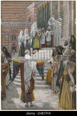 Die Darstellung Jesu im Tempel, La présentation de Jésus au Temple, das Leben unseres Herrn Jesus Christus, La Vie de Notre-Seigneur Jésus-Christ, James Tissot, Französisch, 1836-1902, Deckfarbenes Aquarell über Graphit auf grauem Wove-Papier, Frankreich, 1886-1894, Bild: 8 3/4 x 6 Zoll, 22,2 x 15,2 cm, Bibel, biblisch, Christus, Christentum, gericht, Figuren, Französisch, Gott, Jesus, Jesus Christus, Joseph, Lukas 2:22-38, Maria, Priester, Religion, Religion, religiöse Kunst, Ritus, Schritte, Tempel, Tissot, Jugend Stockfoto