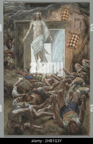 Die Auferstehung, La Résurrection, das Leben unseres Herrn Jesus Christus, La Vie de Notre-Seigneur Jésus-Christ, James Tissot, Französisch, 1836-1902, Deckfarbenes Aquarell über Graphit auf grauem Wove-Papier, Frankreich, 1886-1894, Bild: 12 13/16 x 8 5/16 Zoll, 32,5 x 21,1 cm, 19th Jahrhundert, Engel, Bibel, biblisch, Katholizismus, christ, christentum, ostern, Glaube, französisch, Graphit, Wachen, James Tissot, Jesus, Jesus Christus, männliche Gestalten, Matthäus 28:4-6, Männer, Messias, Neues Testament, Malerei, Religion, Religion, religiöse Kunst, Auferstehung, auferstanden, Stationen des Kreuzes, Tissot, Grab, Aquarell, gewebt Papier Stockfoto