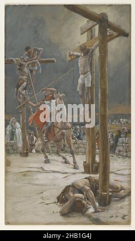 The Strike of the Lance, Le Coup de Lance, The Life of Our Lord Jesus Christ, La Vie de Notre-Seigneur Jésus-Christ, James Tissot, Französisch, 1836-1902, Deckiges Aquarell über Graphit auf grauem Wove-Papier, Frankreich, 1886-1894, Bild: 14 3/8 x 8 3/16 in., 36,5 x 20,8 cm, Bibel, biblisch, Katholizismus, Christus, Christentum, Kruzifix, Tod, Französisch, Gott, Jesus, Johannes 19:33-37, Märtyrer, messias, Neues Testament, Schmerz, Religion, Religiösität, Religion, Stationen des Kreuzes Stockfoto