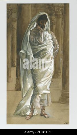 St. Thomas, das Leben unseres Herrn Jesus Christus, La Vie de Notre-Seigneur Jésus-Christ, James Tissot, Französisch, 1836-1902, Deckfarbenes Aquarell über Graphit auf grauem Wove-Papier, Frankreich, 1886-1894, Bild: 12 13/16 x 6 5/16 in., 32,5 x 16 cm, Apostel, bibel, Christianity, Säule, Schüler, Zweifler, Zweifler Thomas, drapierte Robe, Drapiery, Europäisches, französisches, französisches Aquarell, Gospel Harmony, Graphit, James Tissot, Leben Christi, neues Testament, Malerei, nachdenklich, Religion, heiliger, Heiliger Thomas, Heilige, Grabtuch, Thomas, Tissot, Aquarell, gewebt Papier Stockfoto