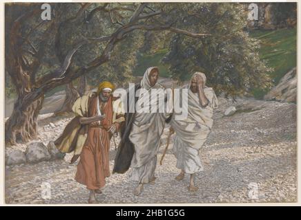 Die Pilger von Emmaus unterwegs, Les pèlerins d'Emmaüs en chemin, das Leben unseres Herrn Jesus Christus, La Vie de Notre-Seigneur Jésus-Christ, James Tissot, Französisch, 1836-1902, Deckfarbenes Aquarell über Graphit auf grauem Wove-Papier, Frankreich, 1886-1894, Bild: 7 7/16 x 10 5/8 Zoll, 18,9 x 27 cm, Bibel, biblisch, Katholizismus, Christus, Christentum, Jünger, Franzosen, Gott, Jesus, Landschaft, Lukas 24:13-30, Neues Testament, Religion, Religiös, Religiöse Kunst, Auferstehung, Lehre Stockfoto