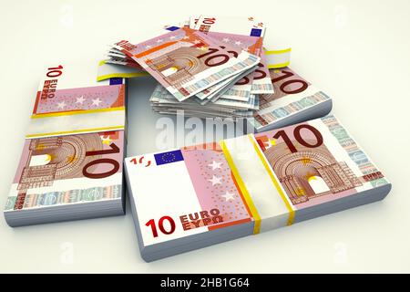 Stapel von EURO-Banknoten. Zehn Euro. 3D Abbildung. Stockfoto