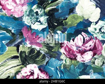 Abstrakte Malerei helle Blumen, original handgezeichnet, Impressionismus-Stil, Farbtextur, Pinselstriche der Farbe, Hintergrund der Kunst. Moderne Kunst. Contem Stockfoto