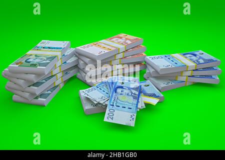 Marokkanisches Geld. Stapel von Banknoten von hundertzweihundertfünfzig Dirham. Konzeptionelle Illustration. Isoliert auf einem grünen Hintergrund. 3D rende Stockfoto