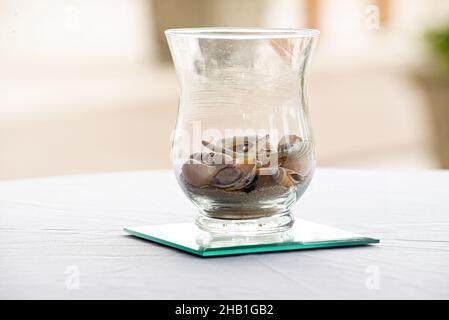 Glasvase im Mittelpunkt mit Muscheln auf weißem Tisch im Freien in der Nähe des Strandes gefüllt Stockfoto