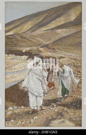 Die Berufung des heiligen Johannes und des heiligen Andreas, die Berufung des heiligen Jean und des heiligen André, das Leben unseres Herrn Jesus Christus, La Vie de Notre-Seigneur Jésus-Christ, James Tissot, Französisch, 1836-1902, Deckfarbenes Aquarell über Graphit auf grauem Seidenpapier, Frankreich, 1886-1894, Bild: 9 13/16 x 6 Zoll, 24,9 x 15,2 cm, Andreas, Apostel, Apostel, apôtre, Schüler, französischer Künstler, Jesus, Johannes, Johannes 1:35-41, Landschaft, religiös, Heilige, Tissot, Berufung, Wildnis Stockfoto