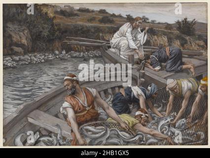 Der wundersame Fischzug, La pêche miraculeuse, das Leben unseres Herrn Jesus Christus, La Vie de Notre-Seigneur Jésus-Christ, James Tissot, Französisch, 1836-1902, Deckfarbenes Aquarell über Graphit auf grauem Wove-Papier, Frankreich, 1886-1896, Bild: 6 3/4 x 9 11/16 in., 17,1 x 24,6 cm, bibel, biblisch, Boot, Katholizismus, Christus, Christentum, Küste, Zahlen, Fisch, Fischer, Fischer, Franzosen, Gott, Jesus, Lukas 5:1-11, Messias, Wunder, Netz, Neues Testament, Parabel, Religion, religiös, religiöse Kunst, Meer, Tissot, Wasser Stockfoto