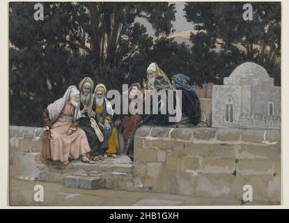 Die Pharisäer und die Herodianer schworen sich gegen Jesus, Les pharisiens et les hérodiens conspirent contre Jésus, das Leben unseres Herrn Jesus Christus, La Vie de Notre-Seigneur Jésus-Christ, James Tissot, französisch, 1836-1902, Deckfarbenes Aquarell über Graphit auf grauem Wove-Papier, Frankreich, 1886-1894, Bild: 6 3/4 x 8 15/16 Zoll, 17,1 x 22,7 cm, Christentum, europäische, französische Malerei, Mark 3:6, Mord, Neues Testament, Verschwörung, Tissot, Bäume Stockfoto