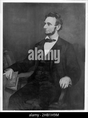 Abraham Lincoln, Amerikaner, Öl auf Leinwand, nach 1860-1890, 49 5/16 x 38 3/16 in., 125,3 x 97 cm, Abraham Lincoln, african, american, American Painting, Bärtiger Mann, Buch, befreit, groß, Geld, Öl auf Leinwand, Porträt, Präsident, sitzende Figur, Sitzgelegenheit, Sklaven, Spucken, groß Stockfoto