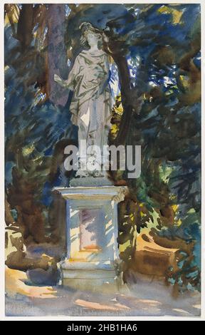 Boboli, John Singer Sargent, Amerikaner, geboren Italien, 1856-1925, Lichtdurchlässiges und opakes Aquarell mit Graphitunterzeichnung, ca. 1906, 18 1/8 x 11 7/16in., 46 x 29,1cm, amerikanisches Aquarell, Bank, Boboli Gardens, Klassische Statue, gedappelt, Vorhänge, Florenz, Garten, Italien, ndd01, Sockel, Statue, Sonnenlicht Stockfoto