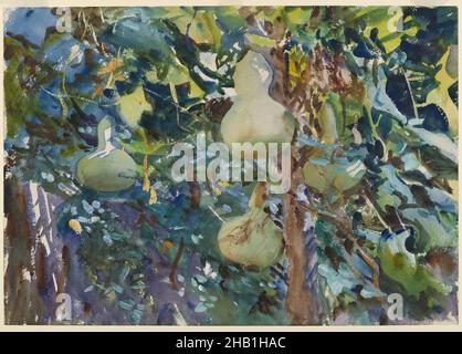 Gourds, John Singer Sargent, Amerikaner, geboren Italien, 1856-1925, Opakes und transluzentes Aquarell mit Graphitunterzeichnung, 1908, 13 13/16 x 19 11/16in., 35,1 x 50cm, 1908, amerikanisches Aquarell, botanisch, Ast, geappelt, Obst, Gartenarbeit, Kürbisse, Grün, IMLS, Blätter, Licht, Mallorca, Malerei, Birne, Realist, sargent, sonnig, Textur, Baum, Aquarell Stockfoto