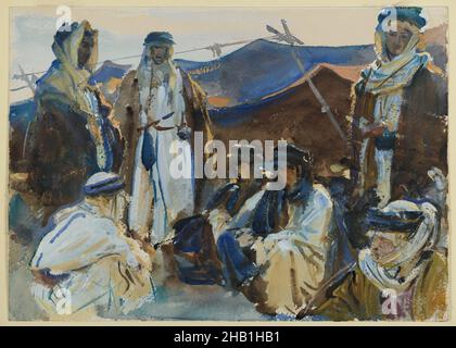 Bedouin Camp, John Singer Sargent, Amerikaner, geboren Italien, 1856-1925, Opakes und lichtdurchlässiges Aquarell, 1905-1906, 10 x 14 1/16 Zoll, 25,4 x 35,7 cm, amerikanisches Aquarell, arabisch, arabisch, burnose, Wüste, Familie, igal, kibr, kufeya, Männer, Naher Osten, Nomaden, Ruhe, Zelt, thobe, Tob, Turban Stockfoto