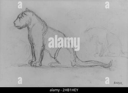 Two Lionesses nach links, Antoine-Louis Barye, französisch, 1795-1875, Graphit auf Leinpapier, Frankreich, n.d., Blatt: 5 1/8 x 7 9/16 Zoll, 13 x 19,2 cm, Kontur, Graphit, Löwe Stockfoto