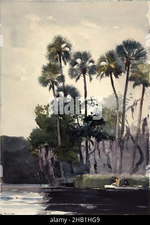 Homosassa River, Winslow Homer, amerikanisch, 1836-1910, Aquarell mit Zusatz von Gummi über Graphit auf cremefarbenem, mäßig dickem, mäßig strukturiertem, gewobener Papier, 1904, 19 11/16 x 13 7/8 Zoll, 50 x 35,2 cm, amerikanisch, Boot, brackig, Citrus County, Flussmündung, Angeln, Florida, im Freien, Golf von Mexiko, homer, Homosassa River, IMLS, gemischtrassig, Landschaft, ndd8, Palmen, Fluss, Himmel, Bäume, Aquarell, West Florida, Wildnis, winslow Homer Stockfoto
