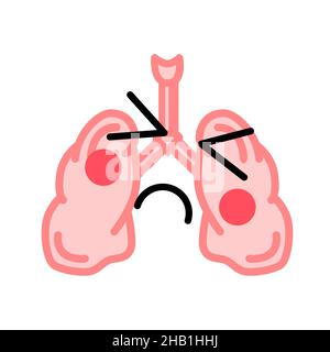 Menschliche Lungen mit niedlichem Gesicht in kranken, traurigen und schmerzhaften Grimasse, medizinisches Symbol auf weiß Stock Vektor