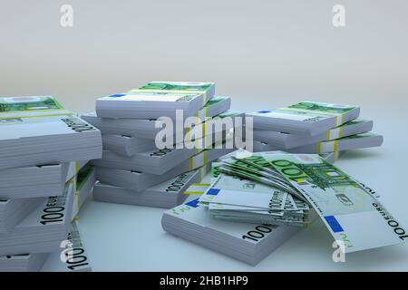 100 Euro Geldpaket 3D Abbildung . 100 Euro Banknotenbündel. Konzept von Finanzen, Bargeld, Wirtschaftskrise, Unternehmenserfolg, Rezession, bank, Stockfoto