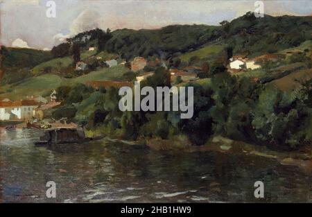 Asturische Landschaft, Paisaje asturiano, Joaquín Sorolla y Bastida, Spanisch, 1863-1923, Öl auf Leinwand, Spanien, 1903-1904, 24 3/8 x 37 1/4 Zoll, 61,9 x 94,6 cm, 20th Jahrhundert, 20.C, europäisch, Horizont, Haus, Landschaft, Landschaftsmalerei, Fluss, Flussufer, Ländliche Szene, Spanien, Bäume, Dorf, Wasser Stockfoto