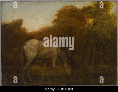 The Grazing Horse, Albert Pinkham Ryder, Amerikaner, 1847-1917, Öl auf Leinwand, Mitte 1870s, 10 3/16 x 14 1/8 Zoll, 25,8 x 35,8 cm, Albert Pinkham Ryder, amerikaner, amerikanische Kunst, amerikanischer Maler, Tier, atmosphärisch, Leinwand, cheval, Essen, Fütterung, Gras, Weiden, Grün, Hufe, Pferd, Beleuchtung, Landschaft, Leben, leben, Mähne, Bewegung, Bewegung, Öl, Öl auf Leinwand, Malen, Ryder, Schwanz, Baum, Vegetation, Wildtiere, Röntgen, gelb Stockfoto