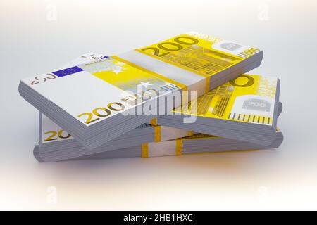 Stapel von EURO-Banknoten. Zweihundert. 3D Abbildung. Stockfoto