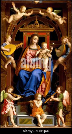 Madonna mit Kind auf dem Thron der Engel, Werkstatt von Bernardino Luini, Italienisch, Mailänder Schule, um 1480-1532, Öl auf Pappeltafel, Italien, Mitte 16th. Jahrhundert, 96 3/4 x 54 1/16 Zoll, 245,7 x 137,3 cm, Engel, Baby, Christus, Christkind, christchild, dramatisch, thronend, Familie, Flöte, Formelle Balance, heilig, Laute, Madonna, Madonna mit Kind, Mary, Mittelalter, Musik, Musiker, ndd13, Königin, Ordensfrau, Jungfrau Maria Stockfoto