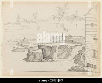 Aus der Mühle, Alexander Robertson, Amerikaner, geboren Schottland, 1772-1841, Schwarze Tinte auf cremefarbenem, mitteldickem, mittelstrukturiertem Papier, 11. September 1796, Blatt: 8 3/4 x 11 1/2 Zoll, 22,2 x 29,2 cm, amerikanisch, Zeichnung, außen, feine Linien, Tinte, Landschaft, Mühle, Felsen, schottische Künstler, Wasser Stockfoto