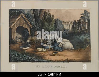 The Happy Family, Currier & Ives, amerikanisch, handkolorierte Lithographie auf Wove-Papier, n.d., Blatt: 10 5/8 x 14 15/16 Zoll, 27 x 38 cm, Americana, Tiere, Futtertiere, Katze, Hühner, Küken, Hund, Domestic, Fütterung, Fütterung', volkstümlich, Unterarmte, nostalgisch, Haustiere, Taube, Pflanzen und Tiere, malerisch, Kaninchen, ländlich, Yard, gestern Stockfoto