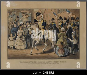 Washingtons Eintritt in New York, Currier & Ives, amerikanisch, handkolorierte Lithographie auf Wove-Papier, 1857, 10 1/2 x 14 3/4in., 26,7 x 37,5cm, amerikanisch, amerikanische Geschichte, Americana, Zeremoniell, kolonial, Menge, Fahnen, Gründungsvater, Allgemein, Pferd, Nostalgie, nostalgisch, Parade Stockfoto