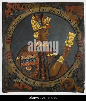 Pachacuti, zehnter Inka, 1 von 14 Porträts der Inka-Könige, peruanisch, Öl auf Leinwand, Peru, Mitte des 18th. Jahrhunderts, Wahrscheinlich, Kolonialzeit, 23 9/16 x 21 9/16in., 59,8 x 54,8cm, Armbänder, Schwarzweiß, Eroberung, Krone, Ohrspulen, Kopfschmuck, hispanische Herkunft, historisch, inka, König, lateinamerikanische Kunst, Führer, kunstvoll, Malerei, peru, peruanisch, Porträt, Macht, Präkolonial, Profil, königlich, königlich, Herrscher, Zepter, Gesellschaft, spanisch-amerikanische Kunst, Mitarbeiter, Ynga Stockfoto