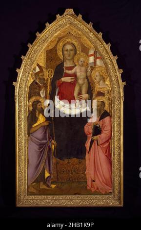 Madonna mit Kind auf dem Thron mit den Heiligen Zenobius, Johannes dem Täufer, Reparata und Johannes dem Evangelisten, Nardo di Cione, Italienisch, Florentine, aktiv 1343-1356/1366, Tempera und Gold auf Tafel, Italien, Mitte 14th. Jahrhundert, 77 1/2 x 39 1/2 Zoll, 196,9 x 100,3 cm, Artaud de Montor, Banner, Bart, Vögel, Kamelhaar-Hemd, Kreuz, crozier, dramatisch, europäisch, Florentiner, Handschuh, Goldgrund, Goldfink, Jesus, Johannes der Täufer, Johannes der Evangelist, Madonna mit Kind, Maria, Maria, Mitra, schutzpatron, Steppdecken, Heiliger, Heiliger, trecento, Jungfrau Maria, Röntgen, Röntgen Stockfoto