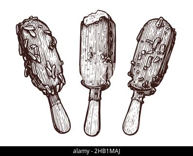 Eiscreme-Set. Köstliche Schokolade Dessert Skizze. Popsicle mit Fruchtauflage Stock Vektor
