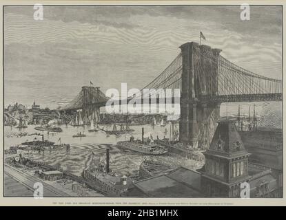 The New York and Brooklyn Suspension Bridge from the Brooklyn Side, Charles Graham, American, 1852-1911, Engraving, Ende 1800s, 18 7/16 x 26 7/8 Zoll, 46,9 x 68,6 cm, Architektur, Boote, Brücke, Brooklyn, Brooklyn Bridge, Stadt, Tiefbau, East River, ndd9, New York, New York City, Fluss, Stadt Stockfoto