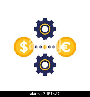 Symbol für den Dollar-Euro-Austausch mit Zahnrädern Stock Vektor