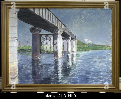 Die seine und die Eisenbahnbrücke bei Argenteuil, La seine et le pont du chemin de fer d'Argenteuil, Gustave Caillebotte, Französisch, 1848-1894, Öl auf Leinwand, Frankreich, 1885 oder 1887, 45 1/2 x 61 Zoll, 115,6 x 154,9 cm, 19th Jahrhundert, Argenteuil, blau, Brücke, Rahmen, Französisch, Französisch Land, Impressionismus, Impressionismus, Industrie, Eisen, Landschaft, ndd12, Malerei, Fotografisches Gefühl, Wolke, Eisenbahn, Eisenbahnbrücke, Reflexion, Ripple, River, seine, Smoke, train, Transport, Wasser Stockfoto