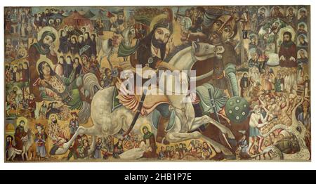 Schlacht von Karbala, Abbas Al-Musavi, Öl auf Leinwand, Isfahan, Iran, Ende 19th-Anfang 20th Jahrhundert, Qajar, Qajar-Periode, 68 1/2 × 133 Zoll, 104 lb., 174 × 337,8 cm, 47,17kg, Abbas, Al-Musavi, Tiere, Ashura, Schlacht, Schlacht von karbala, Bart, Kaffeehausmalerei, Menge, Tag der Aschura, Tod, dramatisch, episch, Reiten, Fabel, hierarchische Skala, historische Schlacht, Pferd, Pferde, Ikonen, Imam Husain, IMLS, Islam, Islamisch, Islamische Geschichte, karbala, Mann, Märtyrer, Massaker, Männer, Muharram, Mythos, Oktober 10, 680, Öl, Öl auf Leinwand, Malerei, Religion, Schisma, Schiiten, Schiiten, Spiritualität, Sunniten, Symbolisch Stockfoto