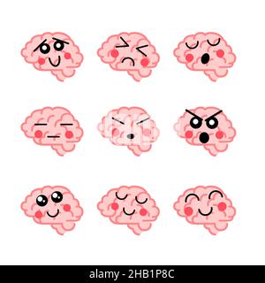 Set von hellen menschlichen Gehirnen mit niedlichen Gesichtern, medizinische Symbole auf weiß Stock Vektor