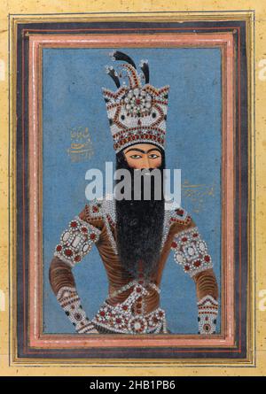 Porträt von Fath 'Ali Shah Qajar, Mihr 'Ali, Iraner, aktiv ca. 1800-1830, Tinte, opakes Aquarell und Gold auf Papier, Iran, 1815, Qajar, Qajar-Periode, 3 1/2 x 5 Zoll, 8,9 x 12,7 cm, Bart, blau, iran, König, Langer Bart, Monarch, persien, persisch, qajar, shah Stockfoto