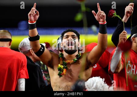 Die Spieler von Utah Utes feiern bei der Nachspielzeremonie nach dem Pac-12 Championship Game zwischen Oregon Ducks und Utah Utes am 3. Dezember 2021 in Allegian Stockfoto