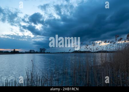 Dunkle Wolke über dem See mit Schilf, Stankow, Lubelskie, Polen Stockfoto