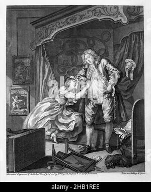 Nach von „Before and After“, William Hogarth, britisch, 1697-1764, Gravieren auf gedeckten Papier, 1736, 15 15/16 x 12 7/8 Zoll, 40,5 x 32,7 cm, Verzierung, Engel, Bett, Schlafzimmer, Kammer, paar, Verzweiflung, dramatisch, Kleid, Historische, historische Mode, Ehemann, kunstvoll, Ehefrau Stockfoto