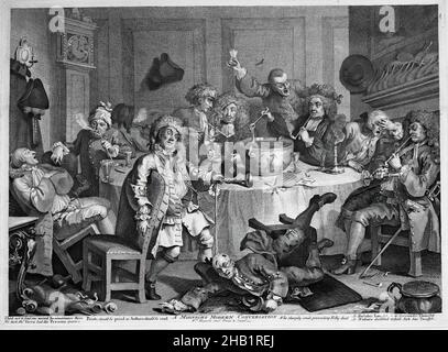 A Midnight Modern Conversation, William Hogarth, britisch, 1697-1764, Gravieren auf Papier, 1733, 13 1/2 x 18 1/2 Zoll, 34,3 x 47 cm, sitzende Figuren Stockfoto