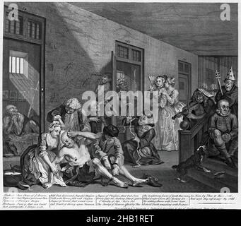 In Bedlam aus „A Rake's Progress“ Platte VIII, William Hogarth, britisch, 1697-1764, Gravieren auf schwerem Papier, 1735, 14 x 16 1/16 Zoll, 35,6 x 40,8 cm Stockfoto