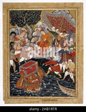 Arghan Div bringt die Truhe der Rüstung nach Hamza, Indien, opakes Aquarell und Gold auf Baumwolle, Indien, 1562-1577, Moghul, Blatt: 31 1/8 x 24 15/16 Zoll, 79,1 x 63,3 cm, Arghan Div, Rüstung, asiatisch, Brust, Baumwolle, Dämon, Geschenk, Gold, Hamza, Ifrit, Indien, indische Kunst, Indische Malerei, Lifestyle, Männer, Monster, mughal, Mythos, Mythische, mythische Kreatur, Rituale, Meer, Baum, Stamm, Onkel, Wasser, Aquarell, Wellen Stockfoto