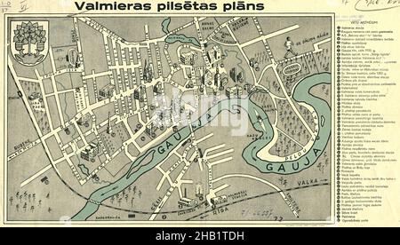 Valmiera Karte, Valmiera Plan, Karte von Valmiera, Valmiera Print, Valmiera Poster, Alte Valmiera Karte, Retro Valmiera Plan, Lettland Karte, Lettland Poster Stockfoto