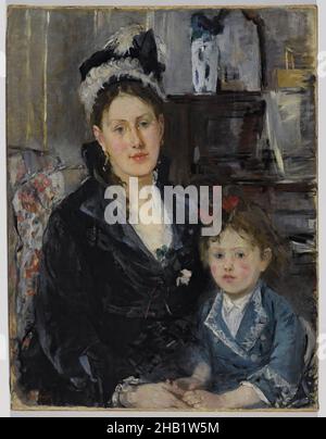 Portrait of Mme Boursier and her Daughter, Portrait de Mme Boursier et de sa fille, Berthe Morisot, French, 1841-1895, Öl auf Leinwand, Frankreich, ca. 1873, 29 5/16 x 22 3/8 Zoll, 74,5 x 56,8 cm, 19th Jahrhundert, blau, bürgerlich, Bogen, Kind, Ohrringe, europäisch, Federn, weibliche Figur, Figura infantil, Blume, französisch, Hüte, Impressionismus, Innen, Intimität, intim, Spiegel, Morisot, Mutter und Kind, Malerei, Klavier, Porträt, rosig-keeked, Frau Stockfoto