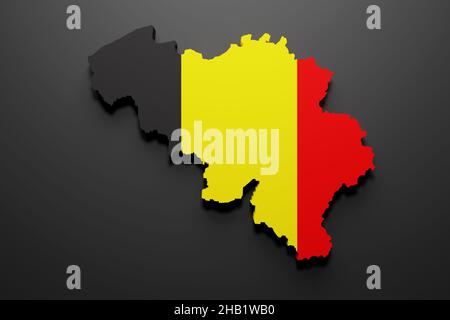 3D Darstellung einer belgischen Kartenform mit Flagge. Schwarzer Hintergrund. Stockfoto