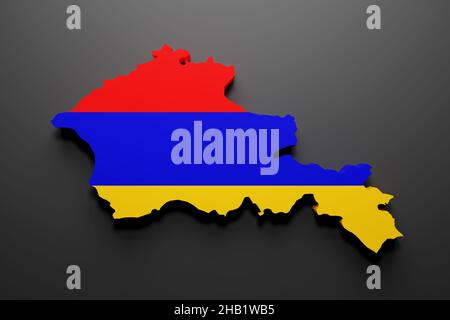 3D Darstellung einer armenischen Kartenform mit Flagge. Schwarzer Hintergrund. Stockfoto