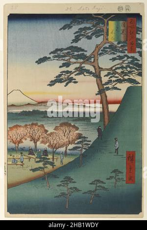 Original Fuji, Meguro, Nr. 25 in hundert berühmten Ansichten von Edo, Utagawa Hiroshige, Ando, japanisch, 1797-1858, Holzschnitt, Japan, 4th Monate 1857, Edo-Zeit, Ansei-Ära, Bild: 13 5/8 x 9 Zoll, 34,6 x 22,9 cm, 19th Jahrhundert, 19.C, 4th Monate 1857, Ruhe, Kirschblüten, Edo, Edo-Zeit, Ansei-Ära, Fauna, Flora, Harmonie, Hügel, hiroshige, Landschaft, meditativ, minimal, Mt. Fuji, Natur, Pinien, Fluss, Tokio, Bäume, Vulkan, Holzschnitt, Holzschnitt Stockfoto