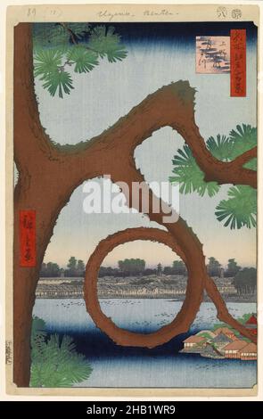 Moon Pine, Ueno, Nr. 89 aus hundert berühmten Ansichten von Edo, Utagawa Hiroshige, Ando, japanisch, 1797-1858, Holzschnitt, Japan, 7th. Monat 1856, Edo-Periode, Ansei-Ära, Blatt: 14 3/16 x 9 1/4 Zoll, 36,0 x 23,5 cm;, 19th. Jahrhundert, 19.C, 7th. Monat 1856, gebogen, gebogener Ast, Ast, Ruhe, Kreis, edo, Edo-Zeit, Ansei-Ära, Fauna, Flora, Harmonie, hiroshige, Japaner, Landschaft, Blätter, meditativ, meisho-e, minimal, Natur, Drucken, Himmel, Tokio, Baum, Ukiyo-e, Wasser, Holzschnitt, Holzschnitt Stockfoto