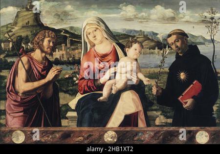 Madonna mit Kind mit den Heiligen Johannes dem Täufer und Nikolaus von Tolentino, Tempera und Öl auf Pappeltafel, Anfang 1500s, 28 3/8 x 43 3/4 Zoll, 72,1 x 111,1 cm, Röntgen Stockfoto